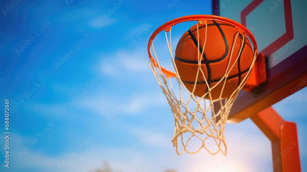 A basketball ball is being launched at a basketball hoop, in the style of contrasting, kurzgesagt, realistic blue skies, dark orange, wimmelbilder, large canvas format, soft-focus 