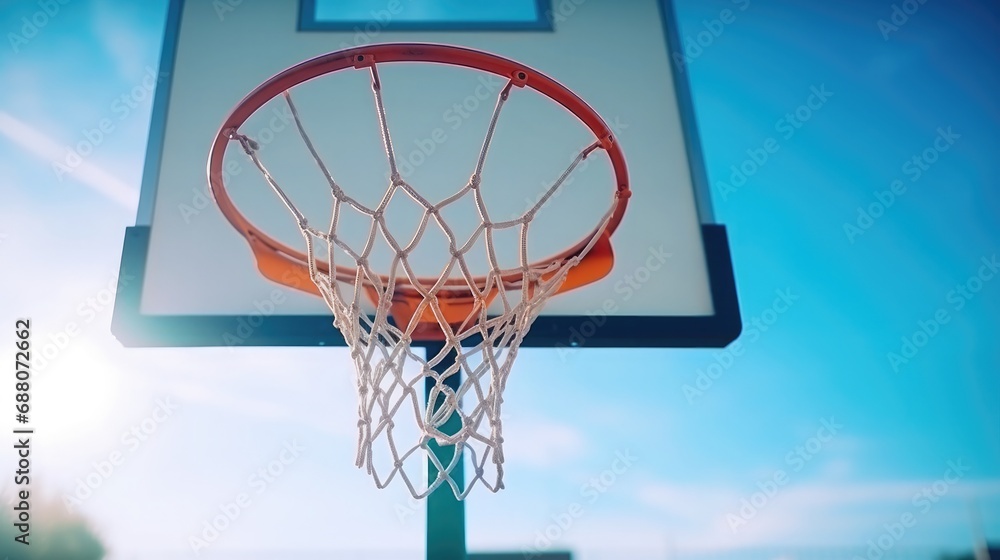 A basketball basket with a ball on a blue sky background. Transparent plastic basketball shield on the outdoor basketball court