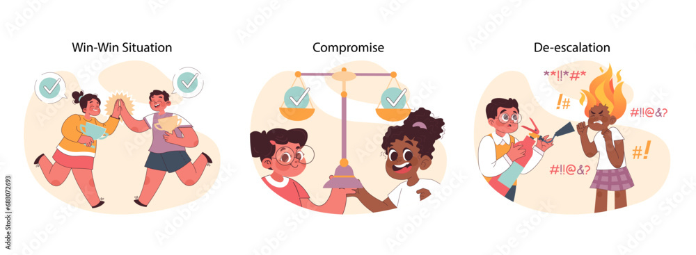 Conflict resolution set for children. Joy of a win-win outcome, the balance of compromise, and calming down from a tantrum. Techniques for peace and harmony. Flat vector illustration