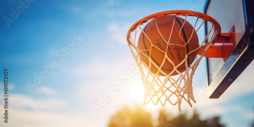 A basketball ball is being launched at a basketball hoop, in the style of contrasting, kurzgesagt, realistic blue skies, dark orange, wimmelbilder, large canvas format, soft-focus © sambath