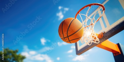 A basketball ball is being launched at a basketball hoop, in the style of contrasting, kurzgesagt, realistic blue skies, dark orange, wimmelbilder, large canvas format, soft-focus photo