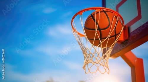 A basketball ball is being launched at a basketball hoop, in the style of contrasting, kurzgesagt, realistic blue skies, dark orange, wimmelbilder, large canvas format, soft-focus  © sambath