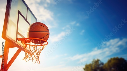 A basketball ball is being launched at a basketball hoop, in the style of contrasting, kurzgesagt, realistic blue skies, dark orange, wimmelbilder, large canvas format, soft-focus