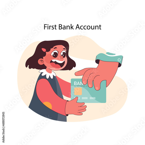 Child Banking concept. A delighted young girl receives her first bank card, marking a significant step into financial responsibility and literacy. Childhood banking introduction. vector illustration.