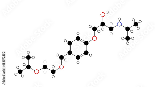 bisoprolol molecule, structural chemical formula, ball-and-stick model, isolated image beta blocker