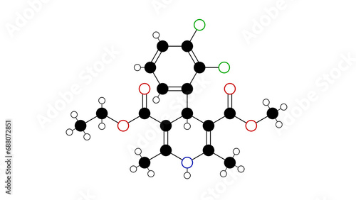 felodipine molecule, structural chemical formula, ball-and-stick model, isolated image calcium channel blocker
