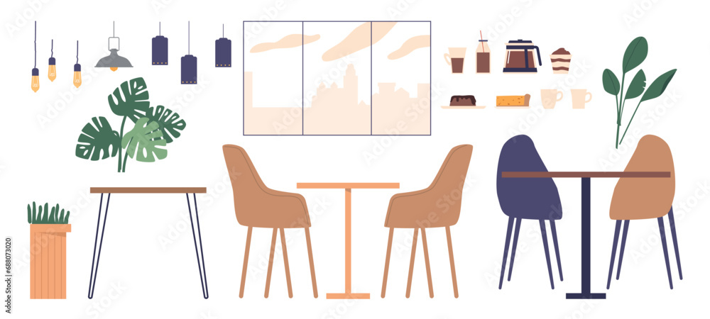 Fototapeta premium Warm Hues, Cozy Tables And Aroma Of Freshly Brewed Coffee Fill The Air In This Inviting Cafe, Vector Icons Set