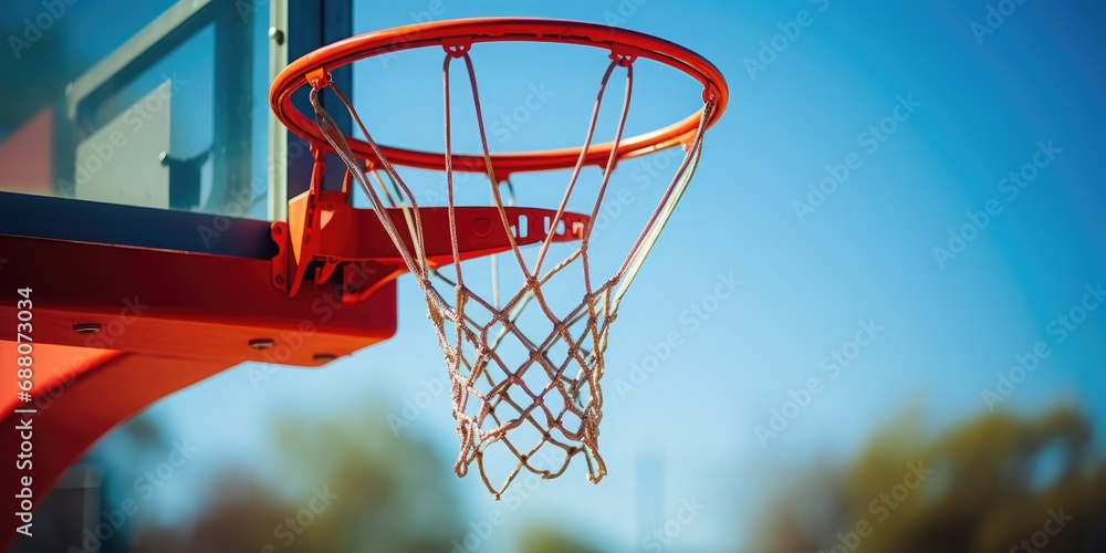 Basketball hoop, red ring and net on backboard, clear blue sky