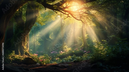 An enchanting forest scene  with sunbeams filtering through the lush foliage  casting a magical aura with blurred details in the background