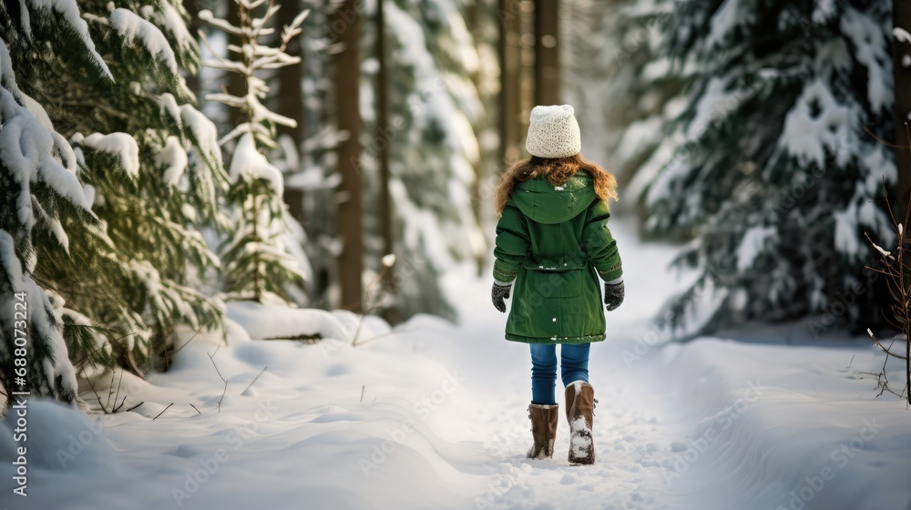 Exploring the winter wonderland, a little girl in a green jacket leaves her footprints in the snowy landscape Exploring the winter wonderland, a little girl in a green jacket leaves her footprints in the snowy landscape