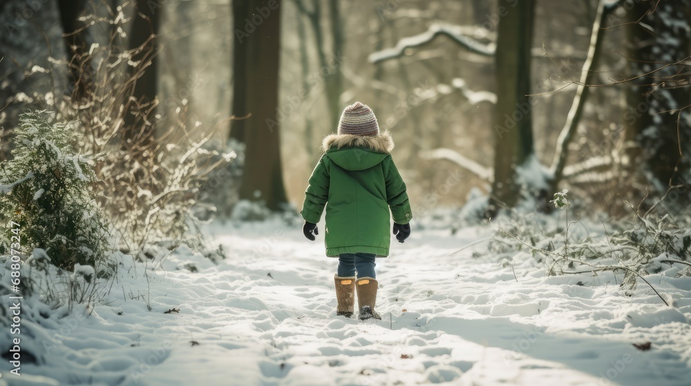 Exploring the winter wonderland, a little girl in a green jacket leaves her footprints in the snowy landscape