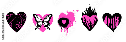 Emo heart tattoo set, vector flame gothic love sticker, y2k Valentine’s Day trendy print, butterfly. Cracked broken shape, girly flat icon, romantic flames silhouette, graffiti drip. Emo heart clipart photo