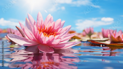 Vibrant Pink Water Lily Floating on a Serene Pond, Showcasing Nature's Elegance and Beauty