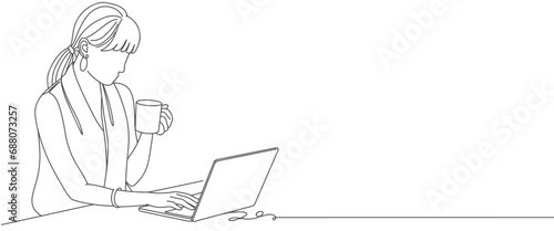 person in the office. Line art woman writing and study with help laptop.line art drawing of a woman. Business concept. Beautiful woman sits on the floor and holding laptop