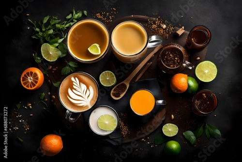 A stylish top-down arrangement featuring a latte, Americano, refreshing orange juice, and zesty lime tea, all impeccably served on a dark background. 