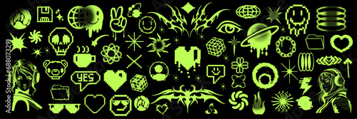 Y2k graphic icon retro set, space futuristic logo kit, brutalist acid groovy shapes collection. Planet symbol modern 2000s cyber heart decoration clipart 90s stars techno symbol. Y2k pixel tattoo icon