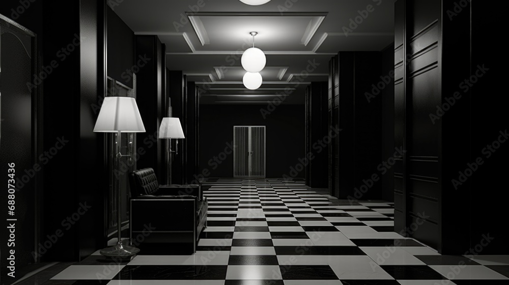 A hallway with a checkered floor and two lamps