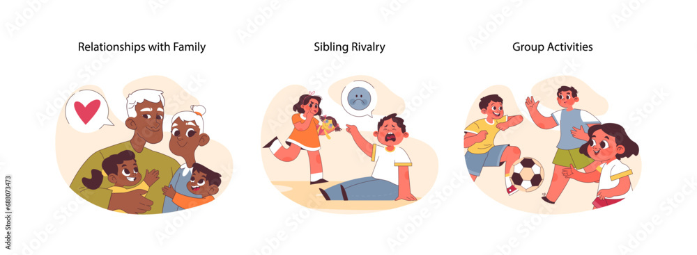 Children Relationships set. Capturing affection with grandparents, sibling conflict resolution, and cooperative playtime dynamics. Exploration of familial and peer interactions. vector illustration