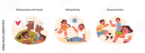Children Relationships set. Capturing affection with grandparents, sibling conflict resolution, and cooperative playtime dynamics. Exploration of familial and peer interactions. vector illustration
