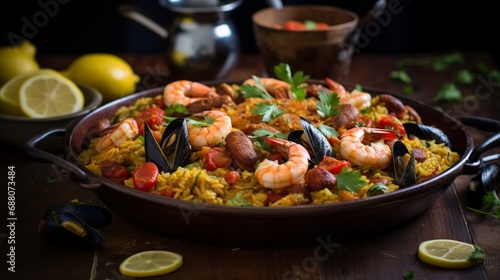 An opulent Spanish paella feast, brimming with saffron-infused rice, seafood, and chorizo, capturing the essence of Mediterranean flavors