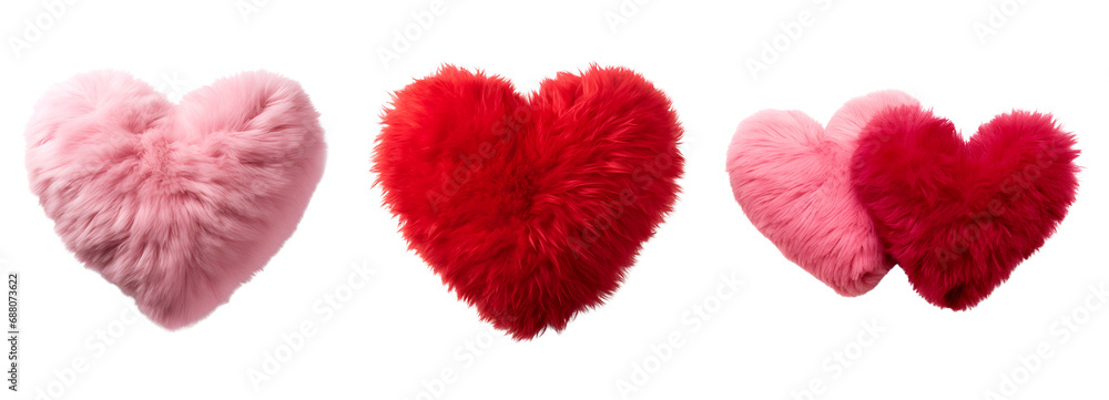 Set of plush hearts in pink and red, with a fluffy soft pillow in heart shape, Isolated on Transparent Background, PNG - obrazy, fototapety, plakaty 