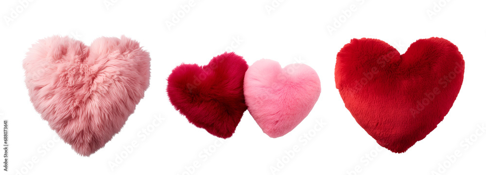 Heart shape fluffy soft pillow accompanied by a set of plush hearts in pink and red, Isolated on Transparent Background, PNG Heart shape fluffy soft pillow accompanied by a set of plush hearts in pink and red, Isolated on Transparent Background, PNG