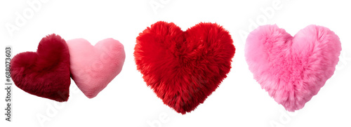 Heart-shaped fluffy soft pillow and set of pink and red plush hearts, Isolated on Transparent Background, PNG