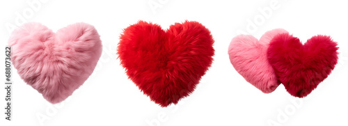 Set of plush hearts in pink and red, with a fluffy soft pillow in heart shape, Isolated on Transparent Background, PNG photo