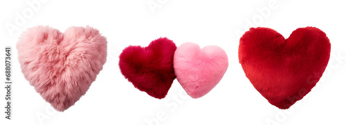 Heart shape fluffy soft pillow accompanied by a set of plush hearts in pink and red, Isolated on Transparent Background, PNG