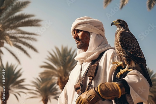 Arabic man with traditional emirates clothes with his falcon bird