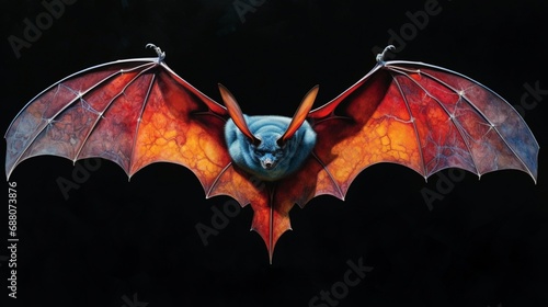 a graceful and colorful portrayal of a gliding bat, its wings spread wide and mysterious gaze depicted in striking colors on a clean white surface, symbolizing nocturnal beauty and mystery.