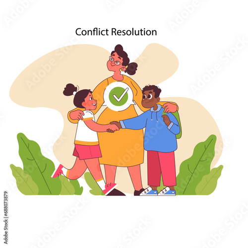 Conflict Resolution concept. Mediator resolving children's dispute with approval. Peaceful problem-solving among young friends. Flat vector illustration