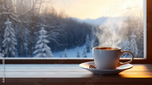 Hot chocolate on wooden windowsill with a view of the winter forest