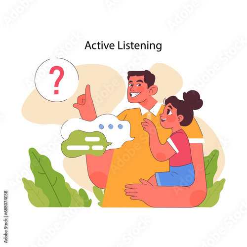 Active listening concept. Father and daughter engage in deep conversation, exchanging ideas with curiosity. Mutual understanding and connection. Patience and attentiveness. Flat vector illustration