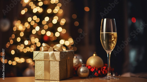 champagne and gift box by christmas tree © Cash Cow Concepts