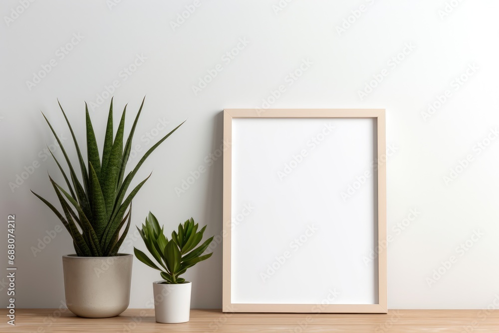 Empty wooden picture frame mockup on table leaning on the white wall with a green plant. Empty wooden picture frame mockup on table leaning on the white wall with a green plant.