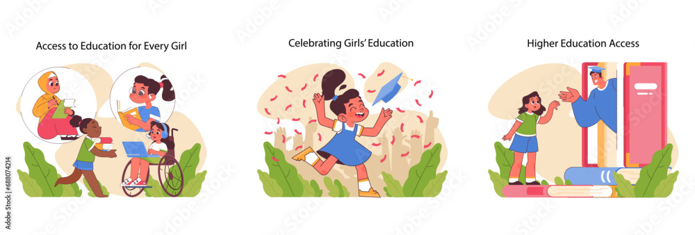 Girls education journey set. Inclusive learning environments, joyous academic achievement, and exploration into advanced studies. Diverse characters, milestones celebrated. Flat vector illustration