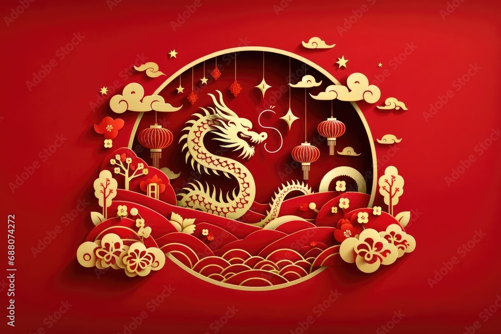 Chinese New Year background. with Zodiac Year of the Dragon Chinese new year theme decoration with Chinese lantern, plum blossom and auspicious clouds in paper cut style. Chinese New Year background. with Zodiac Year of the Dragon Chinese new year theme decoration with Chinese lantern, plum blossom and auspicious clouds in paper cut style.
