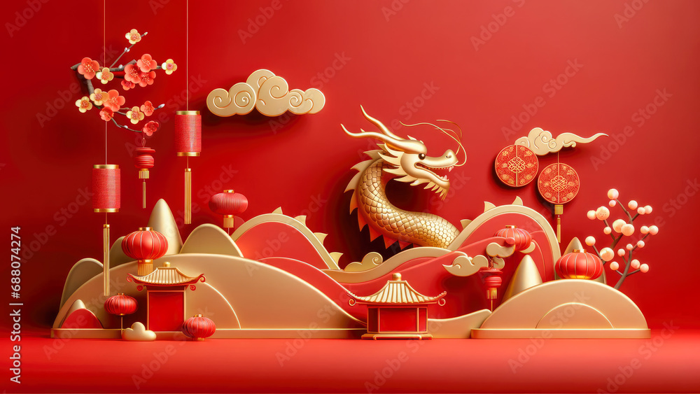 Chinese new year background. chinese new year themed decoration with Chinese lanterns, plum blossoms and auspicious clouds in 3d style with copy space.