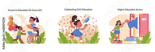 Girls education journey set. Inclusive learning environments  joyous academic achievement  and exploration into advanced studies. Diverse characters  milestones celebrated. Flat vector illustration