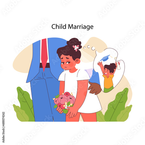 Child marriage concept. Young girl reluctantly holds flowers, her dreams of education fading, placed with looming adult male figure. Women rights violation, oppression. Flat vector illustration