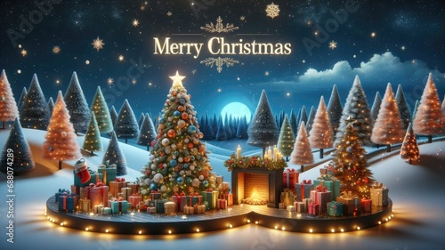 Merry Christmas background, Decorated with christmas tree and gift box, Winter christmas composition in 3d style decoration for Celebration.