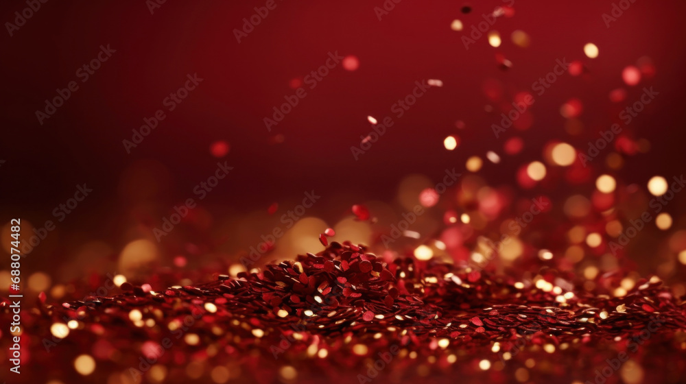 Red glitter confetti on red background. Festive abstract background.