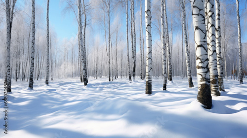 Birch forest in winter snow and blue sky  panorama
