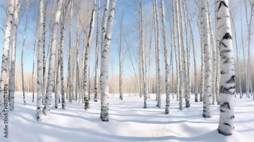 Winter landscape with birches in a birch grove.