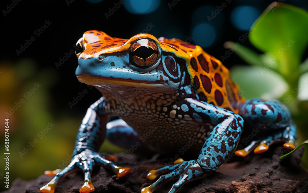 Macro lens portrait of a vibrant cobalt blue and orange poison dart frog, ultra-high detailed, background subtropical lowland forest, dynamic composition and dramatic lighting. AI generative. Macro lens portrait of a vibrant cobalt blue and orange poison dart frog, ultra-high detailed, background subtropical lowland forest, dynamic composition and dramatic lighting. AI generative.