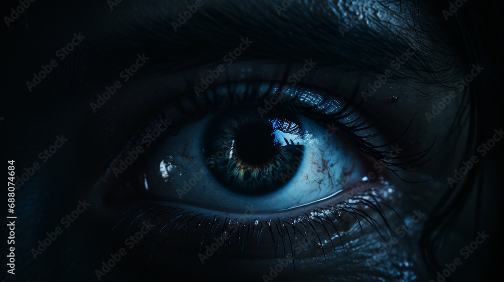 Intense Gaze: Close-Up of a Face with Open Eyes in the Darkness, Capturing a Moment of Deep Contemplation Intense Gaze: Close-Up of a Face with Open Eyes in the Darkness, Capturing a Moment of Deep Contemplation