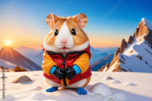 A cute little hamster ready for his holidays in the mountains - White week photo