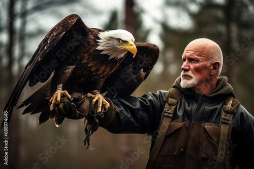 Eagle trainer holding majestic bold eagle photo