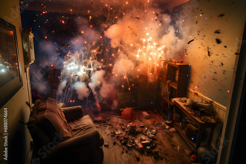 Fireworks explosion in the apartment and fire inside the apartment In living room. The concept of neglecting fire safety precautions when launching fireworks new year, christmas, sparkler, sparks. photo